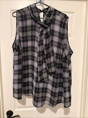torrid Black and Gray Plaid Tie-Neck Sleeveless Blouse